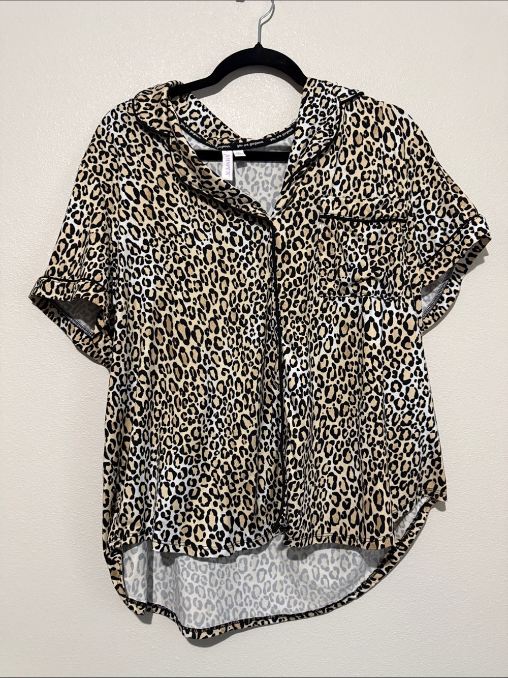 Leopard Print Short Sleeve Pajama Top - Beige